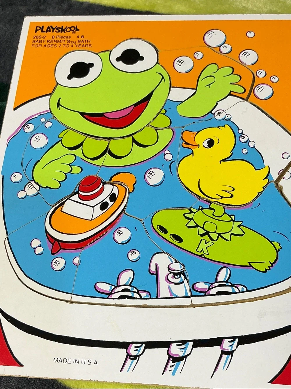 Vintage 1993 Playskool Wooden Puzzle Baby Kermit Bath Time 8 Piece Toy 265-2